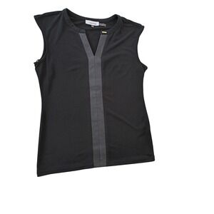 Calvin Klein Black Sleeveless V-Neck Sheath‎ Top with Faux Leather Trim Size M